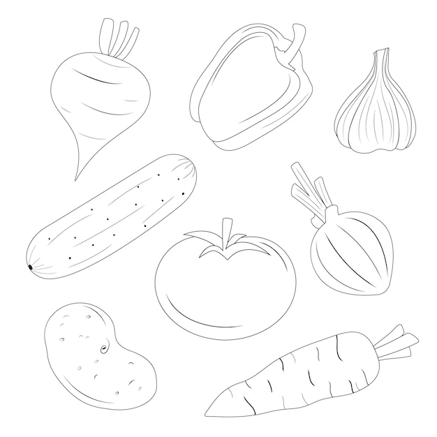 Coloring page for kids. Set of vegetables food collection. Vegetables cartoon set, icons