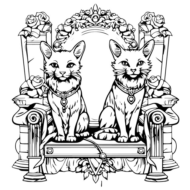 Vector coloring page for kids siamese cats on a throne