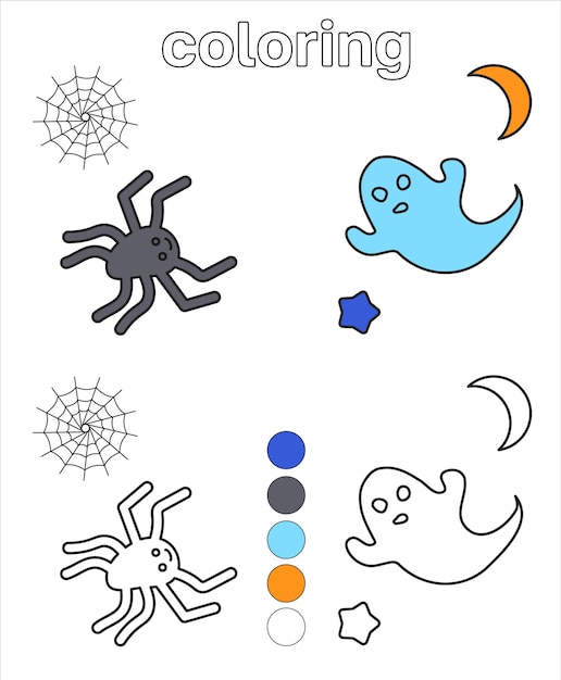 Coloring page for kids white ghosts fly and spider Vector Illustration