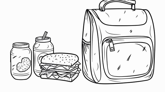 Vector coloring page for kids with lunch box and different objects