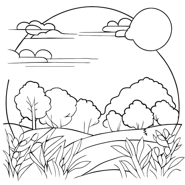 coloring page landscape nature scenes with sun clouds or meadow landscape scene many trees flower