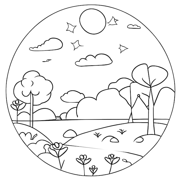 coloring page landscape nature scenes with sun clouds or meadow landscape scene many trees flower