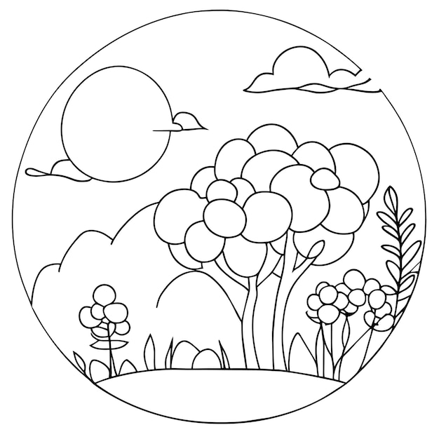 coloring page landscape nature scenes with sun clouds or meadow landscape scene many trees flower