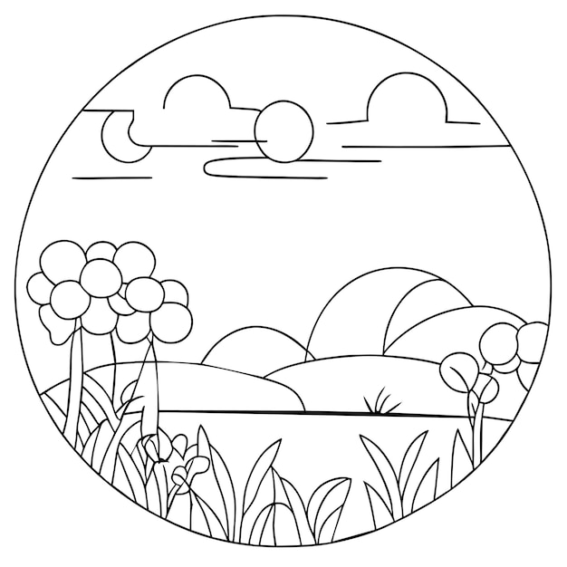 coloring page landscape nature scenes with sun clouds or meadow landscape scene many trees flower