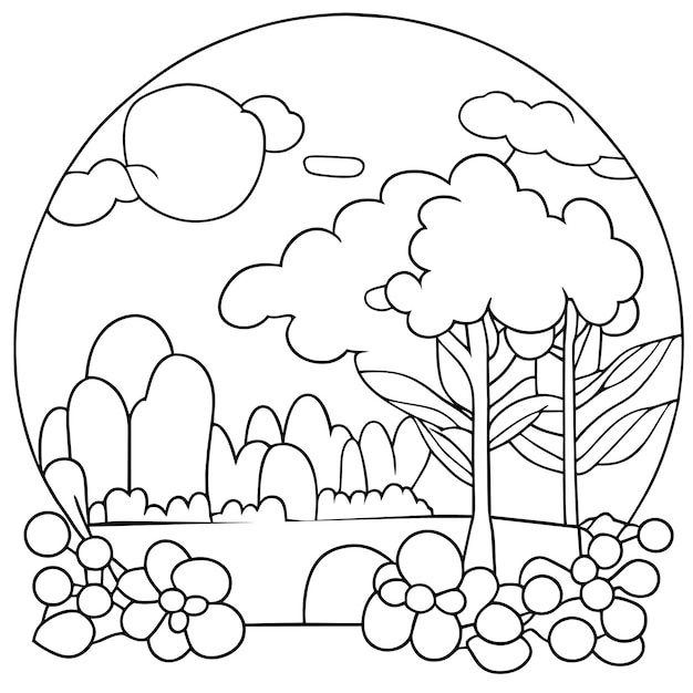 coloring page landscape nature scenes with sun clouds or meadow landscape scene many trees flower