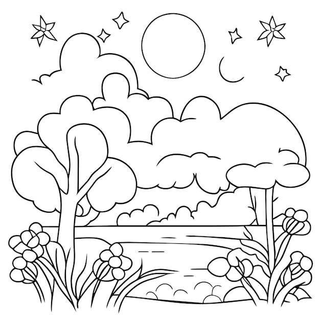 coloring page landscape nature scenes with sun clouds or meadow landscape scene many trees flower