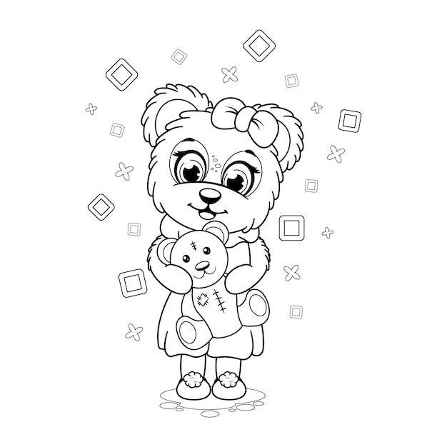 Coloring page Little cartoon bear with a soft toy teddy bear