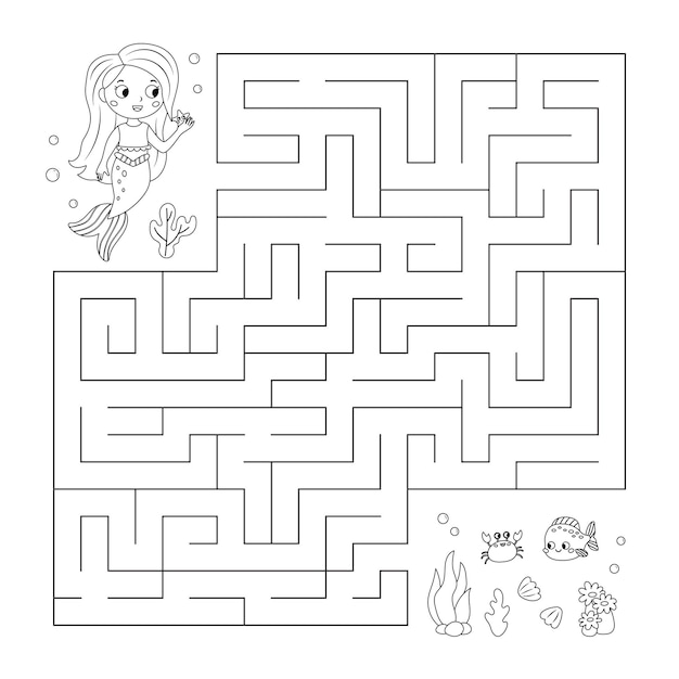 Coloring page maze with mermaid and sea animals