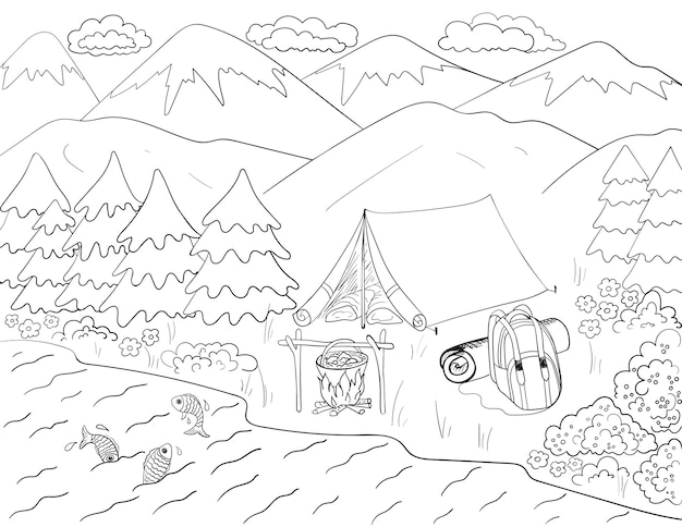 Coloring page mountain landscape black and white camping and fishing near the river with retro tent