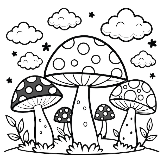 A Coloring Page of Mushroom Black And White Bold outlines