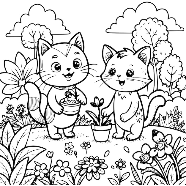 Coloring Page Outline Of cartoon 2 cat a with flowers kid coloring page