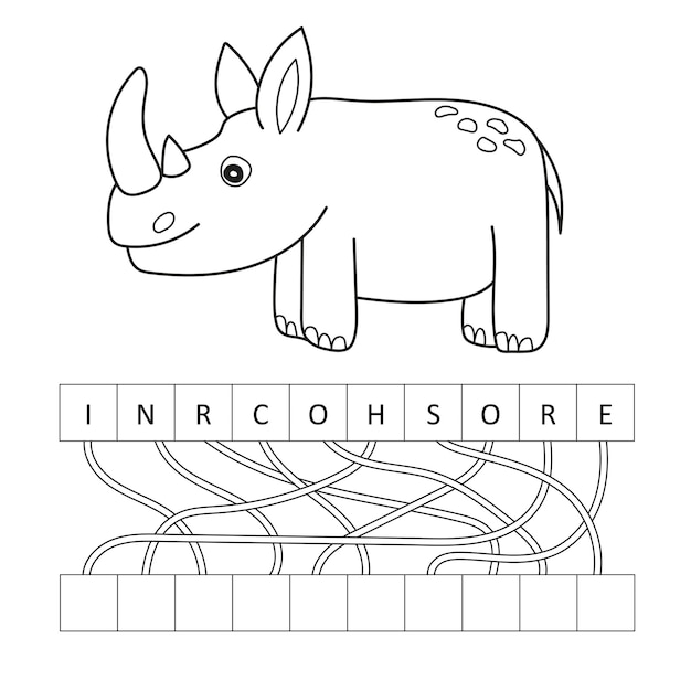 Coloring page outline of cartoon cute rhino. Vector illustration, coloring book for kids. Crossword puzzle game - maze