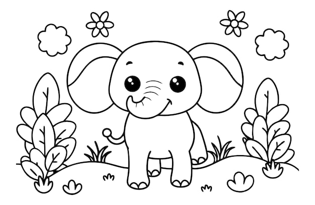 Vector a coloring page outline drawing of a cute elephant with some flowers