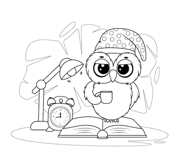 Coloring page Owl in a sleep cap with a cup a book and a table lamp