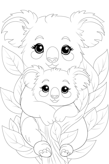 Coloring page a pair of fuzzy koalas cuddling in a tree