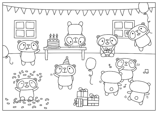 Coloring page panda birthday party vector illustration