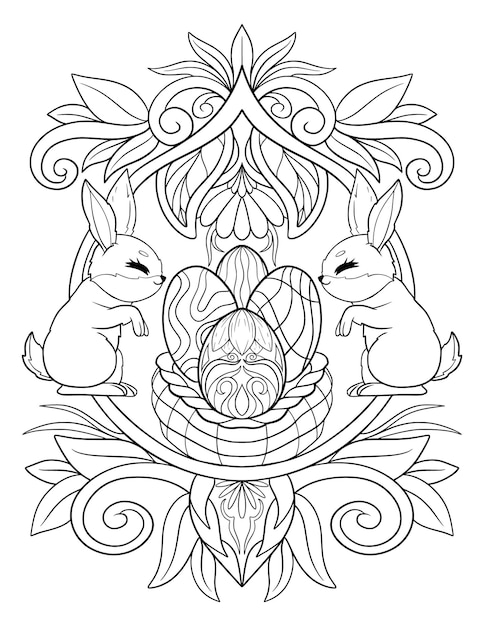 A coloring page of rabbits with an easter egg in the middle hand drawn coloring page