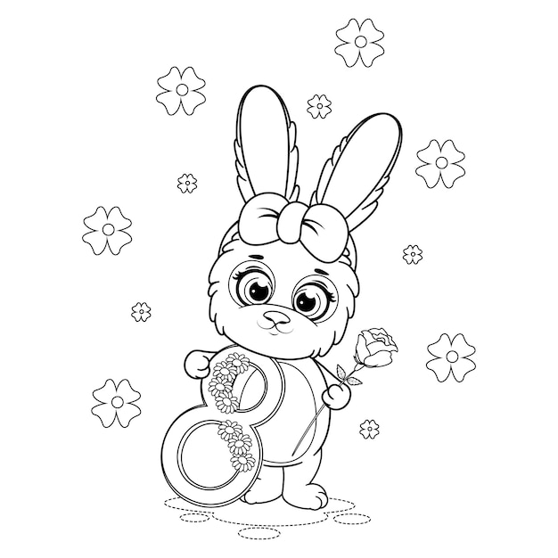 Coloring page Sartoon bunny with rose and number 8