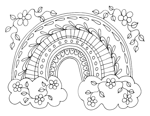 Coloring page sky rainbow Floral patterns in the clouds Cute heaven Hand drawn vector line art illustration Coloring book for children and adults Black and white sketch