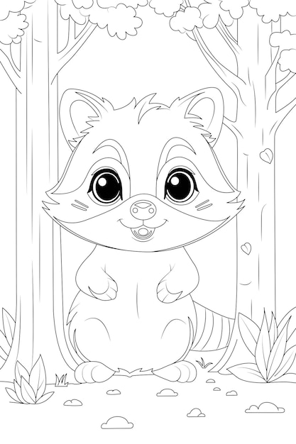 Coloring page a smiling raccoon in the forest