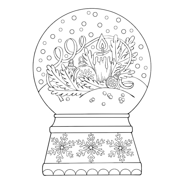 Coloring page snow globe thin line art A Christmas gift Winter decor Hand drawn vector illustration Isolated simple doodle element Coloring book for children and adults