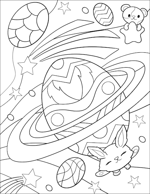 Coloring page of a space cat with a planet hand drawn vector illustration