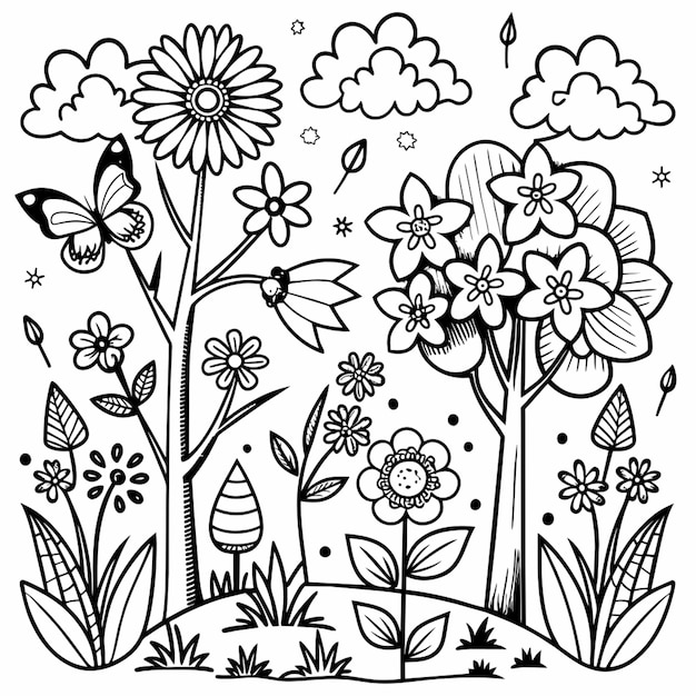 Vector coloring page spring theme art black lines white background coloring book page vector