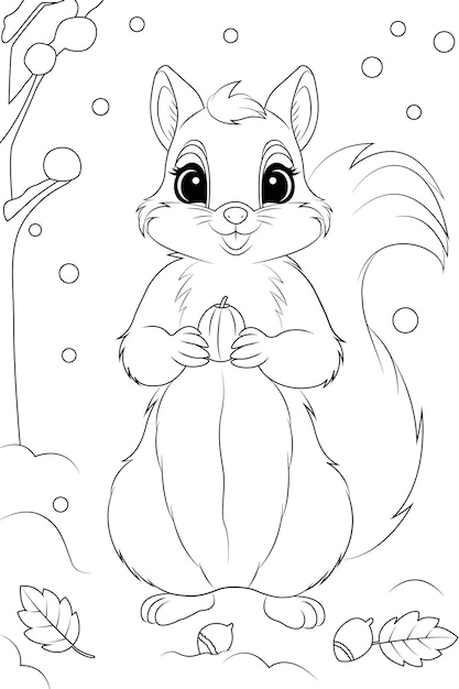 Coloring page a squirrel gathering acorns in the snow