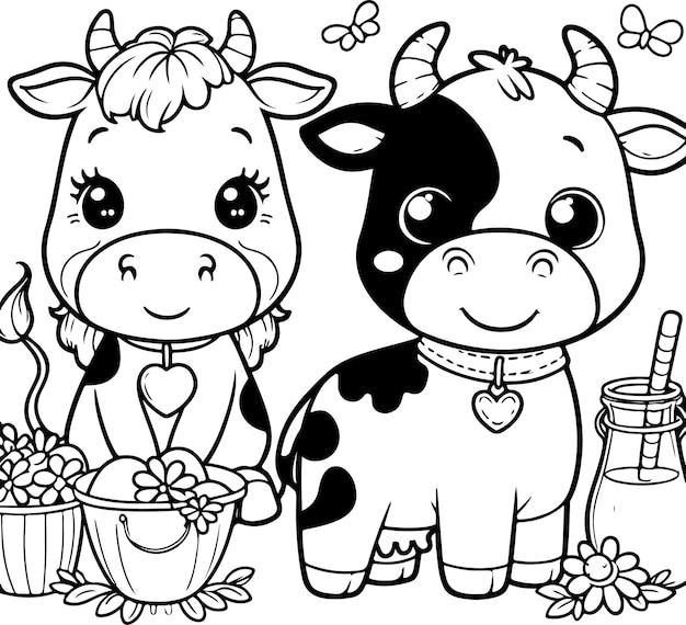 Vector coloring page style cute cow clipart