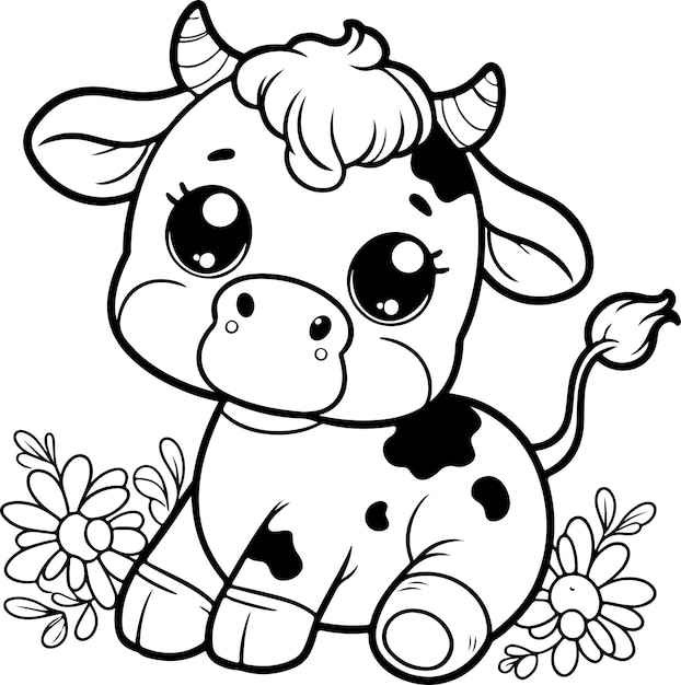 Vector coloring page style cute cow clipart