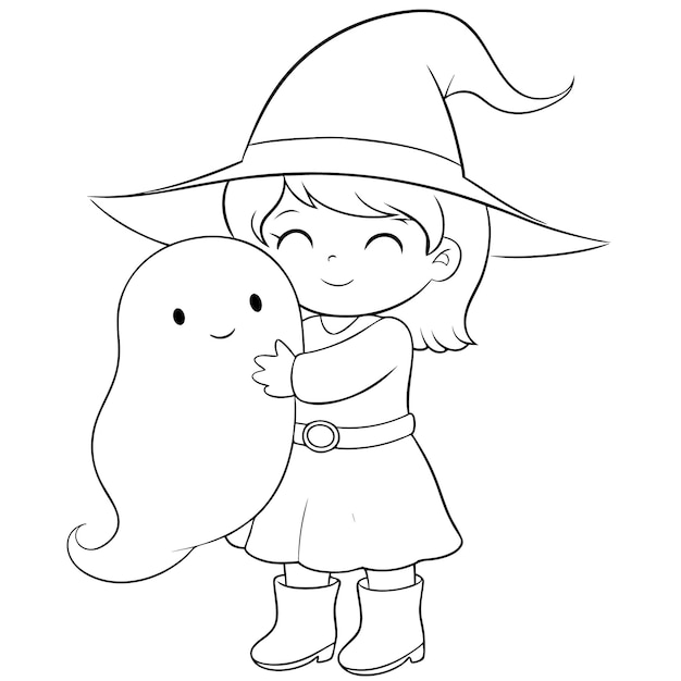 Coloring page Sweet witch character with a ghost line art Halloween decorations web graphics