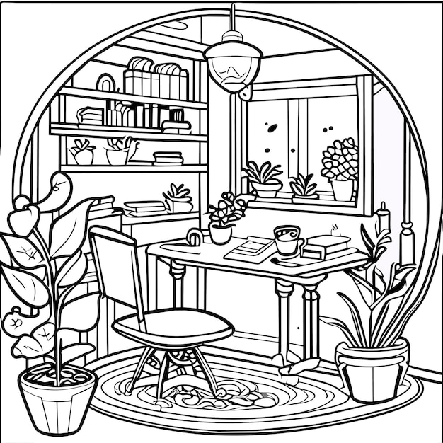 Vector coloring page table and chair furniture and room interior