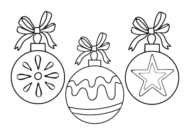 Coloring page toy ball set Christmas tree decoration with patterns and ribbon bow Hand drawn vector thin line art illustration Coloring book for children and adults Black and white sketch