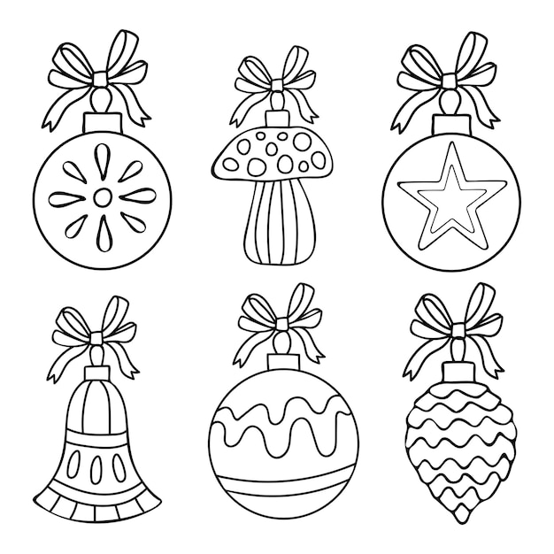 Coloring page toy ball set Christmas tree decoration with patterns and ribbon bow Hand drawn vector thin line art illustration Coloring book for children and adults Black and white sketch