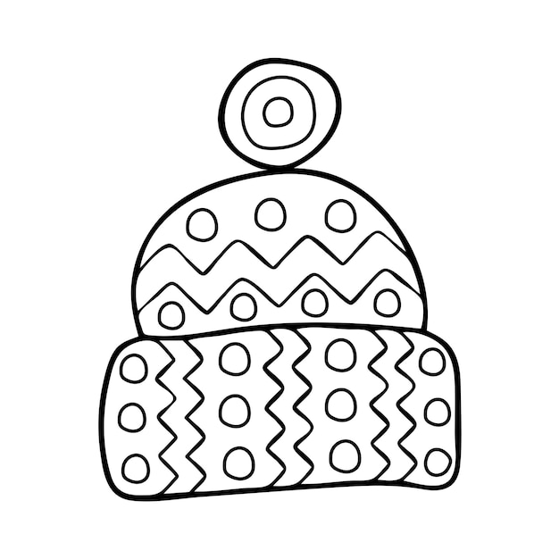 Coloring page warm hat Head clothing in cold weather Knitted wardrobe item Hand drawn vector line art illustration Coloring book for children Black and white sketch