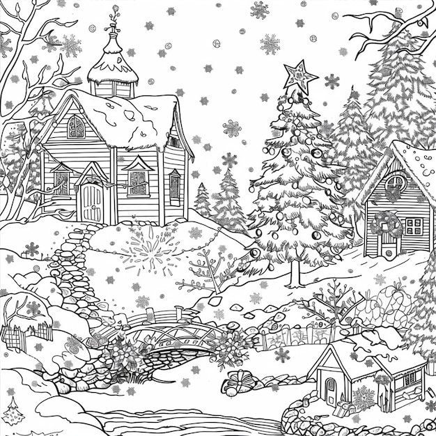 Vector coloring page winter wonderland scene