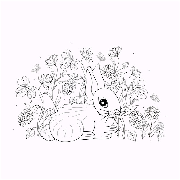 Coloring page with bunnies in a raspberry meadow Hand draw black and white cute wooden animal