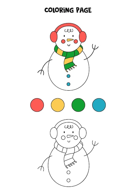 Coloring page with cartoon Christmas snowman. Worksheet for children.