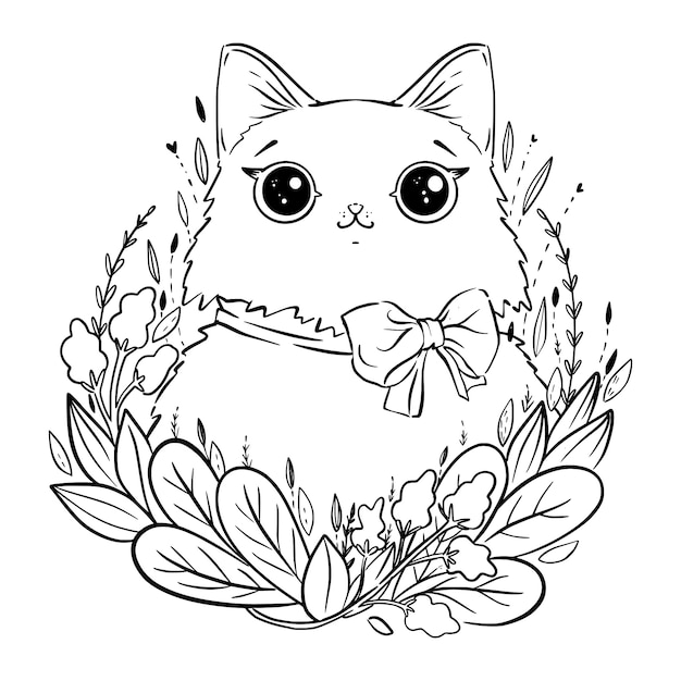 Coloring page with cartoon fluffy cat with flowers and bow. Coloring page