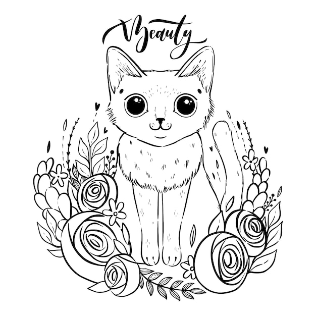 Coloring page with cartoon fluffy cat with roses. Siamese cat with open eyes and flowers. 