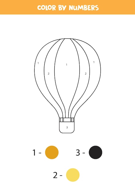 Coloring page with cartoon hot air balloon. Color by numbers. Math game for kids.