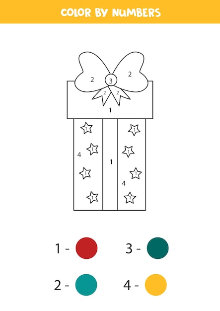 Coloring page with cartoon present box. Color gift box by numbers. Math game.