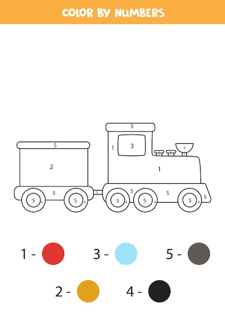 Coloring page with cartoon train. Color by numbers. Math game for kids.