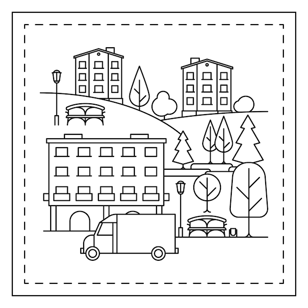 Coloring page with city landscape