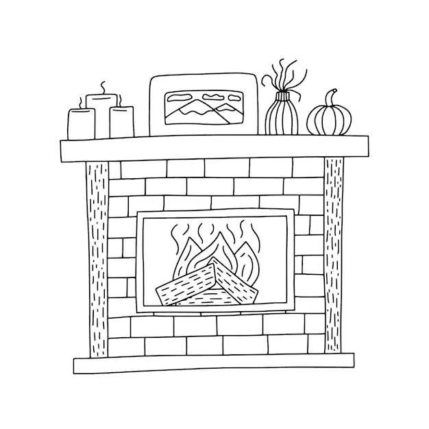 Coloring page with cozy fireplace and home decor vector