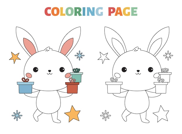 Coloring page with cute bunny and gifts