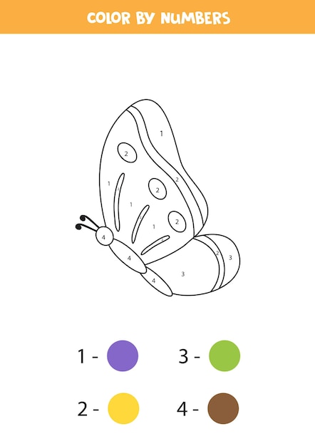 Coloring page with cute butterfly. Color by numbers. Math game for kids.