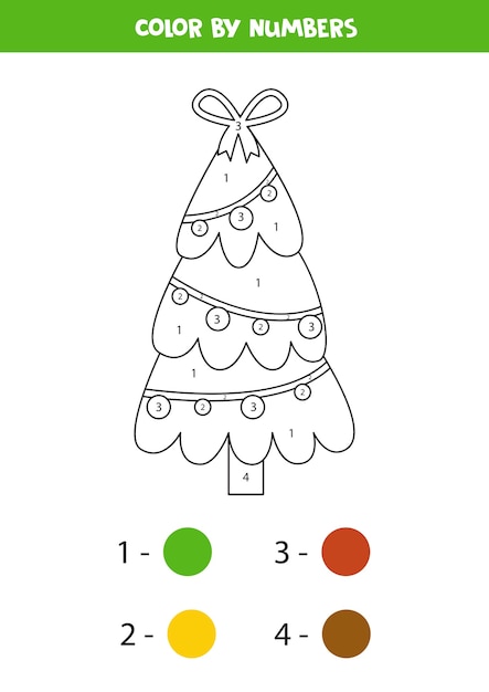 Coloring page with cute cartoon Christmas tree. Color by numbers. Educational math game for kids.