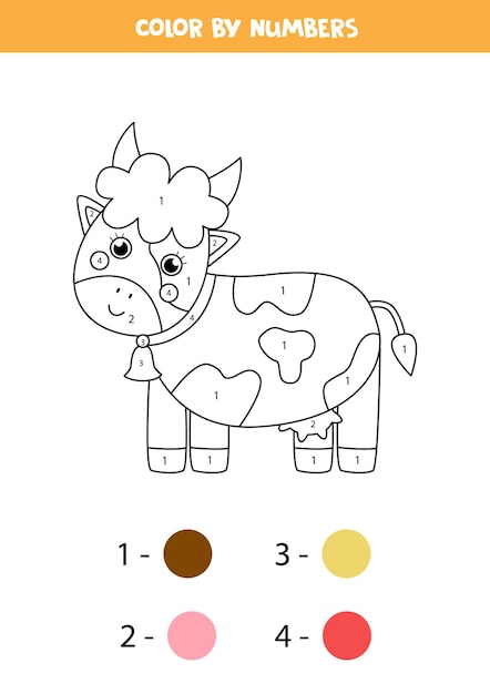 Coloring page with cute cartoon cow. Color by numbers.