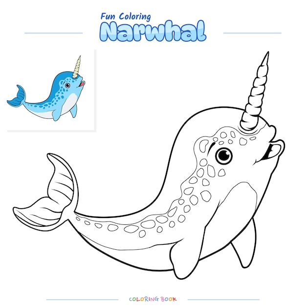 Coloring page with cute cartoon Narwhal fish